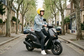 Jeune homme avec casque jaune assis sur un scooter 50cc noir dans une rue résidentielle française