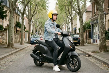 Jeune homme avec casque jaune assis sur un scooter 50cc noir dans une rue résidentielle française