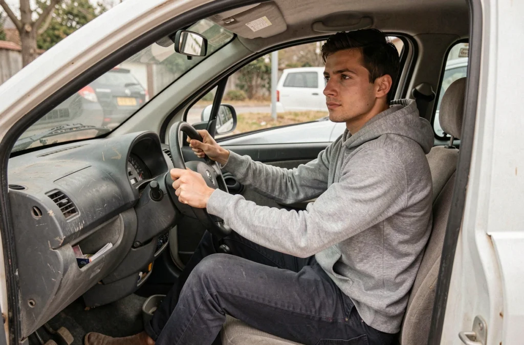 Jeune homme assis au volant d'une voiture sans permis d'occasion, évaluant l'intérieur du véhicule