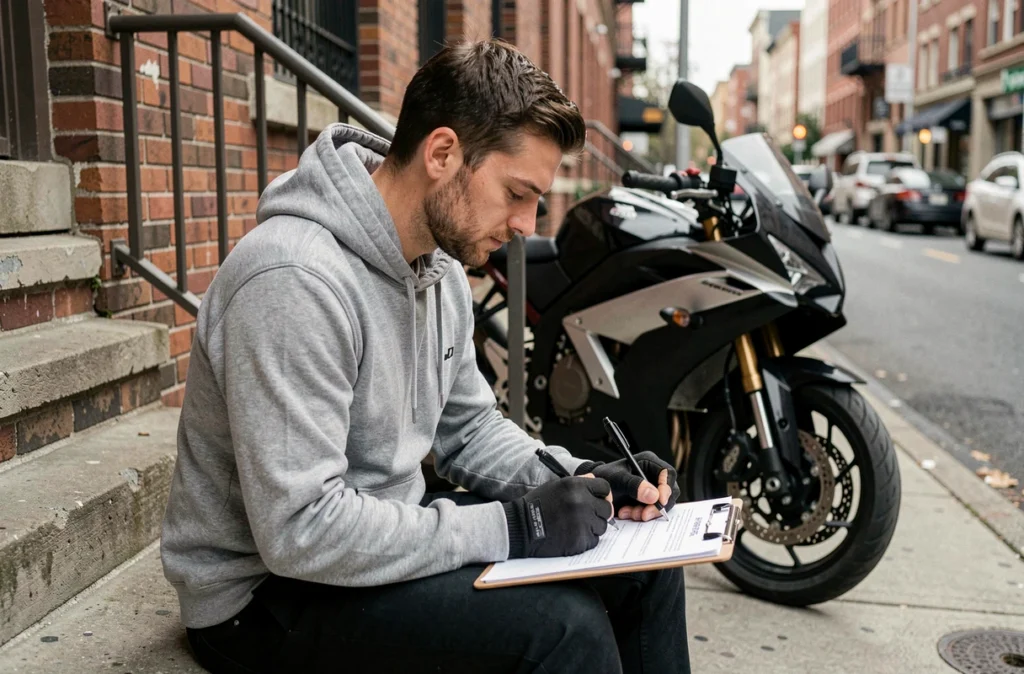 Jeune motard en milieu urbain signant un contrat d'assurance moto saisonnière devant son appartement