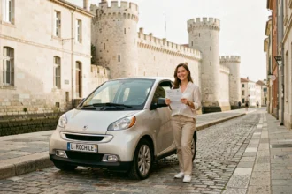 Jeune femme louant une voiture sans permis au bord du vieux port de La Rochelle
