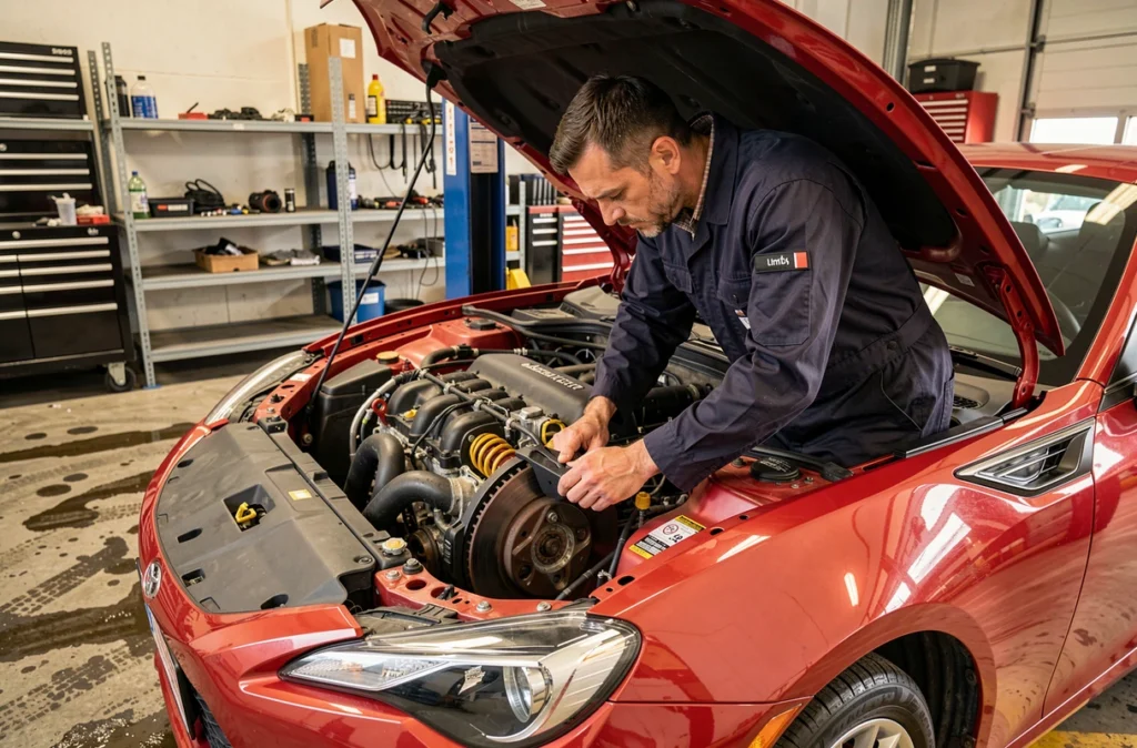 Mécanicien inspectant les freins et la suspension d'une Toyota 86 dans un atelier de préparation automobile