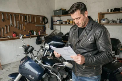 Motard en veste de cuir consultant des documents d'assurance moto saisonnière dans son garage