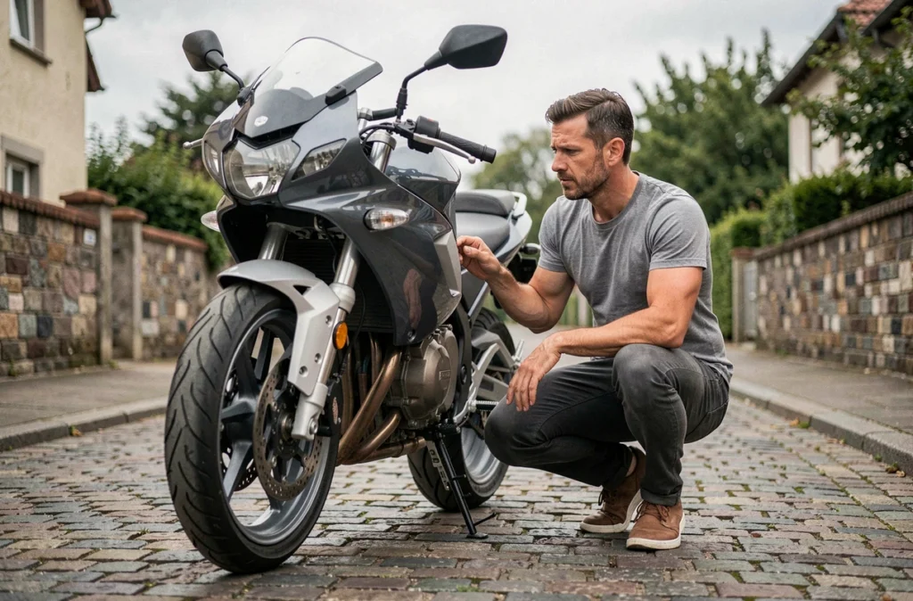Motard accroupi à côté de sa moto garée dans une rue résidentielle, réfléchissant aux solutions d'assurance après une suspension de permis