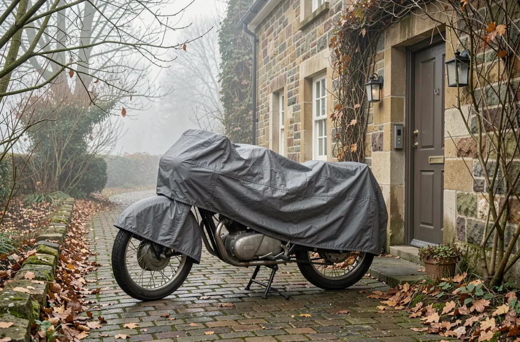 Moto vintage sous housse de protection garée sur une allée pavée en automne, symbolisant la mise en veille saisonnière
