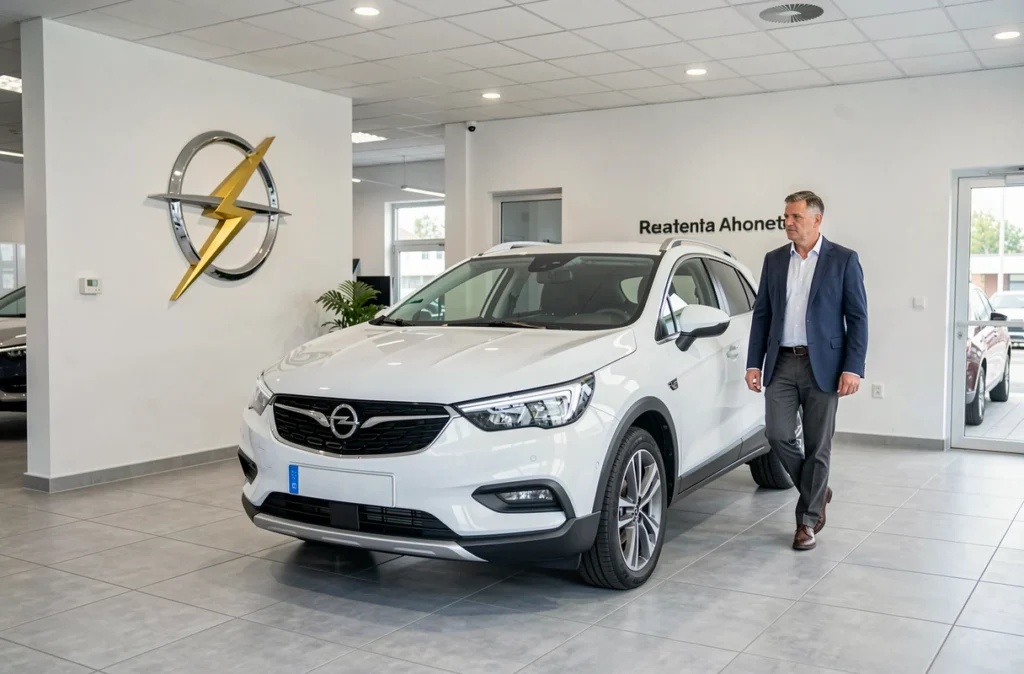 Showroom intérieur d'Opel Poitiers avec un crossover blanc exposé et conseiller commercial
