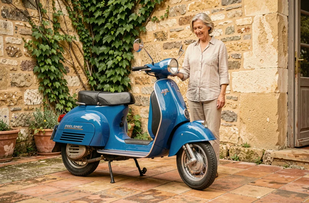 Peugeot 103 SP entièrement restauré dans sa teinte bleue d'origine exposé devant une ferme en pierre typiquement française