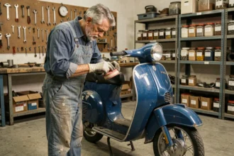 Restaurateur professionnel ponçant la carrosserie d'un Peugeot 103 SP bleu d'origine dans un atelier de restauration vintage