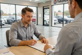 Homme signant les documents d'achat d'une voiture dans une concession automobile