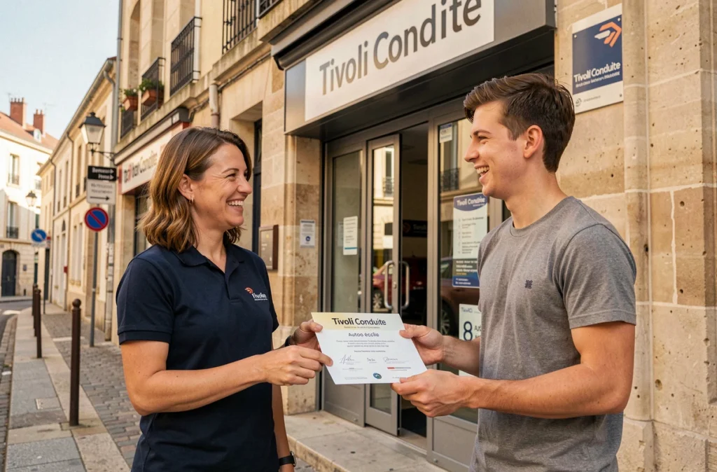 Monitrice de Tivoli Conduite à Bordeaux remettant un certificat de réussite à un élève souriant devant la façade de l'auto-école