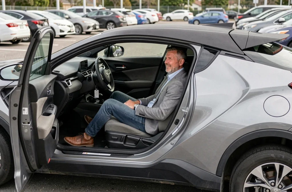Espace intérieur du Toyota C-HR avec un passager à l'arrière illustrant l'habitabilité et les dimensions de l'habitacle