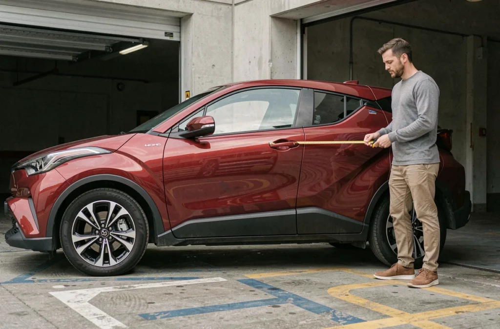 Comparaison des dimensions d'un Toyota C-HR avec une personne mesurant la hauteur du véhicule