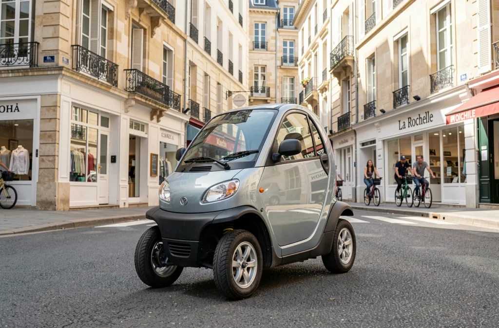 Petite voiture sans permis électrique garée dans une rue piétonne du centre-ville de La Rochelle