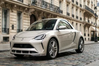 Voiture sans permis de luxe garée sur un pavé parisien avec une carrosserie nacre et des jantes en alliage premium
