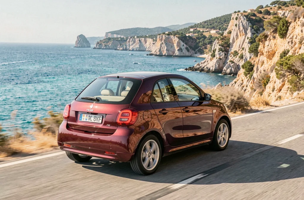 Voiture sans permis de luxe bordeaux roulant sur une route côtière méditerranéenne avec vue sur la mer