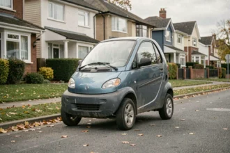 Petite voiture sans permis d'occasion garée dans une rue résidentielle, légèrement usée, vue en angle 3/4 avant
