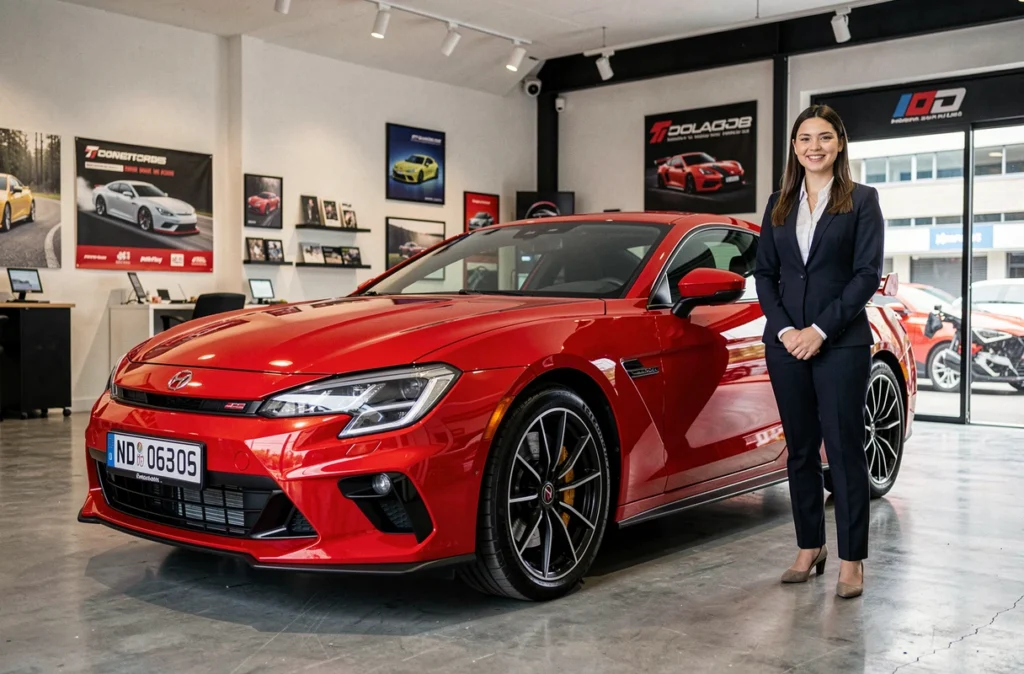 Voiture sportive exposée dans le showroom de Xav Auto Sarah Sport avec conseillère de vente souriante