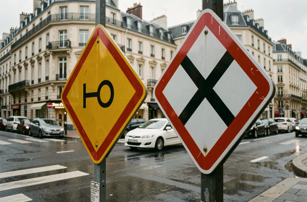 Panneau de fin de route prioritaire et panneau de priorité blanc et jaune côte à côte sur un poteau en milieu urbain en France